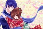  1girl alternate_hairstyle asa_no_ha_(pattern) blue couple floral_print hexagon hug japanese_clothes kaito kimono meiko pink shippou_(pattern) totono vocaloid 