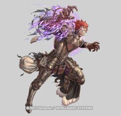  1boy armor black_gloves boots claws clenched_teeth commentary_request corruption fire_emblem fire_emblem:_three_houses fire_emblem_heroes fur_trim gloves izuka_daisuke male_focus miklan_anschutz_gautier monsterification official_art open_mouth polearm purple_aura red_hair scar scar_on_face simple_background solo teeth transformation weapon 