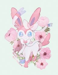  absurdres blue_eyes closed_mouth commentary_request copyright_name demitsuyuzaki flower highres leaf looking_at_viewer no_humans pink_flower pokemon pokemon_(creature) simple_background smile solo standing sylveon 