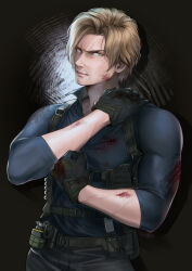  1boy absurdres belt black_gloves blonde_hair blood blood_on_clothes blue_eyes blue_shirt chest_holster clenched_hand commentary cowboy_shot curtained_hair english_commentary furrowed_brow gloves hand_on_own_shoulder highres leon_s._kennedy looking_to_the_side male_focus muscular muscular_male resident_evil resident_evil_requiem shirt short_hair solo vinetsu 