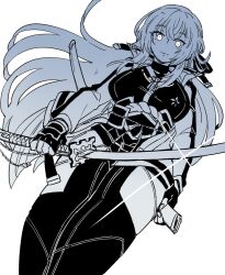  1girl blunt_bangs breasts closed_mouth clothing_cutout dot_pupils double-parted_bangs eiyuu_densetsu english_commentary glint greyscale hair_between_eyes highres holding holding_sheath holding_sword holding_weapon katana kuro_no_kiseki_(series) kuro_no_kiseki_i large_breasts light_smile long_hair looking_at_viewer misa_fullmetal monochrome rope sheath shimenawa shizuna_rem_misurugi solo sword thigh_cutout upper_body very_long_hair weapon 