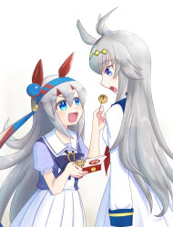  2girls absurdres ahoge animal_ears blue_eyes blue_hairband blue_sailor_collar blush bow bowtie box breasts ear_covers fang feeding food grey_hair grey_tail hair_between_eyes hairband headband highres holding holding_box horse_ears horse_girl horse_tail jacket long_hair long_sleeves multicolored_hairband multiple_girls narumi_yuzurai neckerchief oguri_cap_(starlight_beat)_(umamusume) oguri_cap_(umamusume) open_mouth pleated_skirt puffy_short_sleeves puffy_sleeves purple_bow purple_bowtie purple_shirt red_headband red_neckerchief sailor_collar sailor_shirt school_uniform shirt short_sleeves simple_background skirt smile striped_clothes striped_hairband tail takoyaki tamamo_cross_(umamusume) teeth toothpick tracen_school_uniform two-tone_hairband umamusume upper_teeth_only very_long_hair white_background white_jacket white_sailor_collar white_shirt white_skirt 