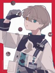  1boy :o adversarial_noise amanatsu_(amanatu5069) black_sclera blue_eyes border candy coat colored_sclera commentary_request cup food gloves grey_gloves grey_hair hand_up heterochromia highres holding holding_candy holding_cup holding_food id_card looking_at_viewer male_focus mismatched_sclera mug outside_border red_border reverse:1999 short_hair solo upper_body watermark white_background white_coat x_(reverse:1999) yellow_eyes 