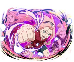  2girls bike_shorts black_shorts blue_eyes clenched_hands dress forehead_protector green_eyes haruno_sakura incoming_attack incoming_punch konohagakure_symbol long_hair looking_at_viewer multiple_girls multiple_views naruto_(classic) naruto_(series) naruto_shippuuden:_ultimate_ninja_blazing official_art open_mouth pink_dress pink_hair punching short_hair short_sleeves shorts teeth yamanaka_ino 