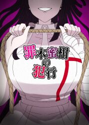  1girl apron bandages black_hair breasts collared_shirt danganronpa_(series) danganronpa_2:_goodbye_despair grin highres holding holding_rope large_breasts long_hair mozuku_(iiiiiiimomo) pink_background pink_shirt rope shirt short_sleeves simple_background smile solo teeth tsumiki_mikan two-tone_shirt white_apron 