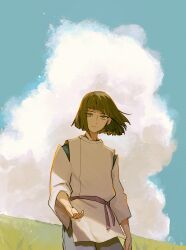  1boy absurdres arm_at_side blue_pants blue_sky blunt_ends choroi_amachori closed_mouth clouds commentary_request cowboy_shot cumulonimbus_cloud day grass green_eyes green_hair haku_(sen_to_chihiro_no_kamikakushi) highres japanese_clothes kariginu looking_at_viewer male_focus offering_hand outdoors pants purple_sash sash sen_to_chihiro_no_kamikakushi short_hair sky solo standing three-quarter_sleeves waist_sash wide_sleeves wind 
