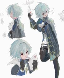  1boy :o ahoge armor belt belt_collar bird black_belt black_boots black_gloves blue_shirt boots choker closed_mouth coat collar collared_shirt earrings genshin_impact gloves green_hair hair_between_eyes highres holding holding_letter jewelry leg_up letter lohen_(genshin_impact) long_sleeves mail male_focus mole mole_under_eye multicolored_eyes non_non291 open_mouth pants parted_lips reading shirt short_hair shoulder_armor single_earring thigh_strap thinking white_background white_pants 