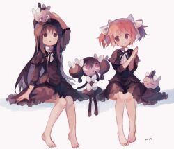  2girls akemi_homura akemi_homura_(black_dress) alternate_costume animal_on_head artist_request barefoot bib_collar black_dress black_eyes black_hair blush bow bowtie dress frilled_sleeves frills funeral_dress gothita gothorita hair_ribbon hairband kaname_madoka long_hair looking_at_another mahou_shoujo_madoka_magica multiple_girls multiple_hair_ribbons on_head open_mouth own_hands_together pink_hair pokemon ribbon short_twintails sidelocks signature simple_background sitting smile third-party_source three-quarter_sleeves twintails violet_eyes white_background white_ribbon 