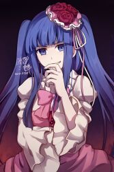  1girl anri_mike blue_eyes blue_hair blunt_bangs bow commentary_request dress flower furudo_erika gradient_background hair_flower hair_ornament hair_ribbon hand_to_own_mouth highres juliet_sleeves long_sleeves looking_at_viewer pink_bow pink_dress puffy_long_sleeves puffy_sleeves red_flower red_rose ribbon rose shirt signature smile twintails umineko_no_naku_koro_ni white_dress white_shirt wide_sleeves 