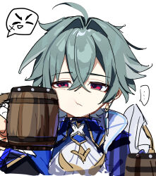  ... 2boys absurdres ahoge beer_mug blue_shirt collared_shirt cup earrings genshin_impact green_hair hair_between_eyes half-closed_eyes highres jewelry lohen_(genshin_impact) male_focus meda_cha mole mole_under_eye mug multicolored_eyes multiple_boys shirt short_hair single_earring speech_bubble upper_body varka_(genshin_impact) white_background wooden_cup 