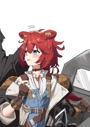  1girl absurdres animal_ears arknights bear_ears bear_girl blue_eyes blue_overalls blush brown_gloves crying crying_with_eyes_open fingerless_gloves fubou_(0503oekaki24) gloves hand_up headpat highres holding holding_shield looking_at_another medium_hair open_mouth overalls red_hair shield shirt solo_focus tears upper_body vetochki_(arknights) white_shirt 