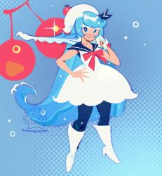  1girl blue_background blue_eyes blue_hair blue_pantyhose blue_sailor_collar boots bow bowtie cherry cherry_hat_ornament chocoyvanilla cookie_run cookie_run:_tower_of_adventures cream_soda_cookie dress food fruit full_body hand_on_own_hip hat highres holding holding_sword holding_weapon humanization long_hair looking_at_viewer pantyhose red_bow red_bowtie sailor_collar simple_background smile solo standing sword weapon white_boots white_dress white_hat 