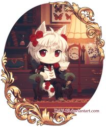  1boy ahoge animal_ears book border borrowed_character bug butterfly chair chibi chibi_only clock commentary commission crossed_legs cup dav-19 english_commentary flower hair_flower hair_ornament lamp looking_at_viewer original ornate_border red_eyes red_flower red_rose rose solo suit tail teacup transparent_background vest watermark web_address white_hair white_vest wolf_boy wolf_ears wolf_tail 
