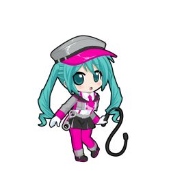  1girl :o aqua_eyes aqua_hair belt belt_buckle black_outline black_shoes black_skirt blush buckle chibi chibi_only cropped_jacket cuffs curly_ends full_body game_asset gloves grey_belt grey_hat grey_jacket handcuffs hat hatsune_miku hatsune_miku_graphy_collection holding holding_whisk jacket long_hair long_sleeves looking_at_viewer necktie off-shoulder_jacket off_shoulder outline pantyhose pink_necktie pink_pantyhose shirt shoes skirt solo standing standing_on_one_leg suspenders transparent_background twintails vocaloid whisk white_gloves white_shirt 