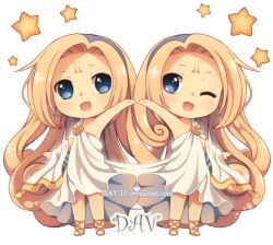  2girls :d ;d arm_up blonde_hair blue_eyes blush chibi chibi_only commentary dav-19 english_commentary full_body gemini_(symbol) gemini_(zodiac) gold_sandals long_hair multiple_girls one_eye_closed original personification robe sandals siblings sisters smile star_(symbol) transparent_background twins very_long_hair web_address white_robe zodiac 