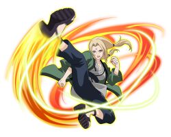  1girl black_pants blonde_hair brown_eyes clenched_hands facial_mark forehead_mark green_haori grey_kimono haori japanese_clothes kicking kimono long_hair looking_at_viewer naruto_(series) naruto_shippuuden naruto_shippuuden:_ultimate_ninja_blazing official_art pants solo tsunade_(naruto) 