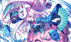  1girl bow bowtie breasts bubble_skirt commentary_request dual_wielding fox_mask hand_fan hannya hata_no_kokoro highres holding holding_fan ko-omote_mask long_hair long_sleeves looking_at_viewer mask mask_on_head medium_breasts noh_mask outstretched_arms pink_bow pink_bowtie pink_eyes pink_hair pink_skirt plaid_clothes plaid_shirt shirt skirt skirt_cutout solo spread_arms touhou very_long_hair yamanakaume 