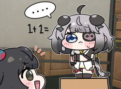  ... 2girls :d animal_ears arknights arknights:_endfield beleullin black_hair blue_eyes blush_stickers chen_qianyu_(arknights) chibi chibi_only commentary dragon_girl dragon_horns extra_ears eyepatch fang fingerless_gloves game_screenshot_background gloves highres horns looking_at_another math multiple_girls notice_lines one_eye_covered open_mouth screenshot_background smile speech_bubble tail tangtang_(arknights) tiger_ears tiger_girl tiger_tail whiteboard 