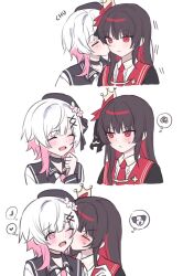  2girls black_choker black_hat black_shirt blush choker closed_eyes closed_mouth commentary crown fang hat heart highres kiss kissing_cheek long_hair mahou_shoujo_no_majo_saiban mini_crown multiple_girls nikaido_hiro open_mouth pink_hair pinkisangel red_eyes sakuraba_ema shirt simple_background smile speech_bubble spoken_heart spoken_squiggle squiggle sweatdrop thought_bubble white_background white_hair yuri 