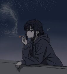  1girl against_railing bags_under_eyes black_eyes black_hair blowing_smoke cho_kaguya-hime! cigarette commentary_request corn_20 drawstring elbow_rest empty_eyes from_side grey_hoodie hair_between_eyes hair_bun hand_up holding holding_cigarette hood hood_down hoodie leaning_forward long_sleeves mole mole_under_eye night outdoors railing sakayori_iroha short_hair sidelocks single_hair_bun sky smoke smoke_trail smoking solo upper_body 