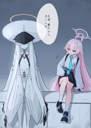  2girls a-dwolf absurdres abydos_high_school_logo ahoge blue_archive blue_necktie collared_shirt colored_skin fingerless_gloves gloves hair_over_one_eye halo heterochromia highres hoshino_(blue_archive) huge_ahoge large_hat long_hair long_sleeves malkuth_(blue_archive) multiple_girls necktie pink_hair pink_halo plaid_clothes plaid_skirt pleated_skirt shirt skirt speech_bubble very_long_hair white_hair white_shirt white_skin yellow_halo 