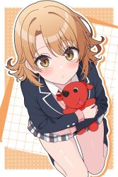  1girl absurdres black_socks blush brown_eyes brown_hair collared_shirt commentary from_above highres isshiki_iroha kiss looking_at_viewer medium_hair neck_ribbon odorukaminoke plaid_clothes plaid_skirt pout red_ribbon ribbon school_uniform shirt shirt_tucked_in skirt sobu_high_school_uniform socks solo stuffed_toy summer_uniform thighs white_shirt yahari_ore_no_seishun_lovecome_wa_machigatteiru. 