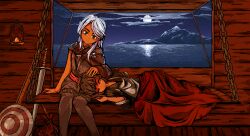  2girls absurdres apron bench black_dress black_hair black_shirt black_thighhighs blanket broom brown_eyes clouds cloudy_sky cocona_(lonarpg) dark-skinned_female dark_skin deadmimicked dress english_commentary engrish_commentary headpat highres lantern lap_pillow lona_(lonarpg) lonarpg lying maid_apron medium_hair moon mountain multiple_girls night ocean red_sash sash shield shirt short_hair sky sleeping smile star_(sky) starry_sky sword thigh-highs weapon white_hair 