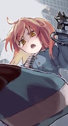  1girl ass ass_focus blue_coat breasts coat cuffs fate/grand_order fate_(series) from_below fujimaru_ritsuka_(female) fujimaru_ritsuka_(female)_(clan_calatin) handcuffs holding holding_handcuffs looking_at_viewer medium_breasts medium_hair open_mouth orange_hair royst sash sitting solo yellow_eyes 