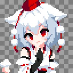  1girl animal_ears bare_shoulders blush breasts commentary_request detached_sleeves hat highres inubashiri_momiji pixel_art pom_pom_(clothes) red_eyes shirt short_hair skirt solo takeez3 tokin_hat touhou white_hair wolf_ears 