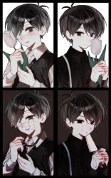  2boys alternate_costume alternate_universe antenna_hair black_eyes black_hair black_shirt black_sweater_vest blush closed_mouth collared_shirt commentary crying crying_with_eyes_open dual_persona eyepatch flower hair_between_eyes highres holding holding_flower holding_knife knife long_sleeves male_focus medical_eyepatch multiple_boys omori omori_(omori) open_mouth parted_bangs rou_(h_s_sinrin) shirt smile spoilers sunny_(omori) sweater_vest tears tulip untranslatable_commentary white_flower white_shirt white_tulip 
