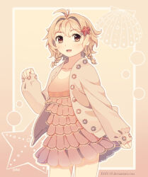  1girl :d ahoge art_trade blonde_hair border borrowed_character braid cardigan commentary cowboy_shot dav-19 dress english_commentary frilled_dress frills gradient_border hair_ornament looking_at_viewer low_twin_braids open_cardigan open_clothes orange_eyes original pink_cardigan pink_dress seashell shell short_hair smile solo standing starfish starfish_hair_ornament twin_braids 