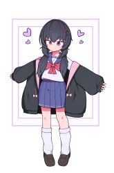  1girl absurdres black_hair black_jacket black_shoes blue_skirt blush bow closed_mouth commentary_request commission full_body hair_ornament heart hh highres jacket jacket_partially_removed long_hair long_sleeves original pleated_skirt red_bow shirt shoes sidelocks skirt smile socks solo standing violet_eyes white_background white_shirt white_socks 