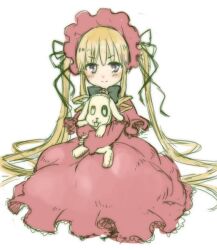  1girl asababa_kure bad_id bad_pixiv_id blonde_hair blush blush_stickers bonnet bow bowtie doll dress drill_hair frilled_dress frills furrowed_brow hair_spread_out holding holding_stuffed_toy hugging_object lolita_fashion long_sleeves looking_at_viewer low_twintails red_bonnet red_dress rozen_maiden shinku sidelocks simple_background sitting sleeves_past_wrists smile stuffed_animal stuffed_dog stuffed_toy twin_drills twintails violet_eyes 