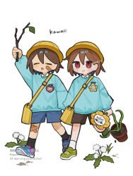  1boy 2others androgynous arm_up black_socks blue_shoes blue_shorts blush brown_hair brown_shorts chara_(undertale) closed_eyes closed_mouth commentary_request crossed_bandaids dande_lion2604 dandelion double-parted_bangs flower flowey_(undertale) frisk_(undertale) green_shoes hair_between_eyes hat highres holding holding_stick long_sleeves multiple_others name_tag open_mouth red_eyes romaji_text shoes short_hair shorts smile sneakers socks stick twitter_username undertale utdr_(toby_fox) white_socks yellow_hat 