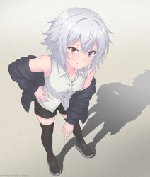  1girl bare_shoulders black_jacket black_shoes black_shorts black_thighhighs breasts buttons closed_mouth collarbone collared_shirt dot_nose english_commentary foreshortening from_above full_body grey_hair hair_between_eyes hand_on_own_hip heterochromia highres jacket jacket_partially_removed leaning_forward legs_apart leksenid long_sleeves looking_at_viewer looking_up off_shoulder original red_eyes shadow shirt shoes short_hair shorts sleeveless sleeveless_shirt small_breasts smile sneakers solo standing thigh-highs violet_eyes white_shirt zipper 