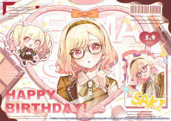  1girl :3 :d absurdres alternate_hair_length_(shorter) barcode black_jacket black_shoes black_skirt blonde_hair blush boli_shuimian brown-framed_eyewear brown_jacket character_name chibi chinese_commentary collared_shirt commentary_request company_name copyright_notice cosmetics cupcake dated dot_nose earrings fingernails food full_body glasses grey_shirt grey_socks guest_art happy_birthday happy_enjoy_music!_(project_sekai) heart highres jacket jewelry lipstick_tube long_hair looking_at_viewer makeup_brush medium_hair nail_polish official_alternate_costume official_alternate_hairstyle official_art outline pink_eyes pink_hair pink_nails plaid_clothes plaid_jacket pleated_skirt project_sekai second-party_source shirt shoes skirt smile socks star_(symbol) striped_clothes striped_shirt tenma_saki tongue twintails v web_address white_outline white_shirt 