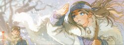  1boy 1girl ainu ainu_clothes asirpa blue_eyes brown_hair cape cheseely earrings fur_cape golden_kamuy grey_sky gun hat headband highres hoop_earrings jacket jewelry kepi long_hair long_sleeves military_hat open_mouth outdoors rifle scar scar_on_cheek scar_on_face scar_on_mouth scar_on_nose scarf short_hair sky smile snowing sugimoto_saichi tree weapon winter winter_clothes 
