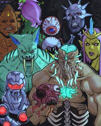  animal_ears artagoneztic black_sclera brain clenched_teeth closed_eyes colored_sclera colored_skin duke_fishron empress_of_light english_commentary exposed_brain extra_mouth eye_trail furrowed_brow golem golem_(terraria) green_skin highres invincible_(series) light_trail looking_at_viewer manlification meme moon_lord_(terraria) muscular muscular_male pink_eyes pink_lips plantera ribs robot skeletron_prime sneer teeth terraria the_destroyer_(terraria) the_twins_(terraria) tusks viltrumite_group_shot_(meme) wall_of_flesh_(terraria) yellow_skin 