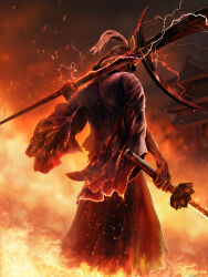  1boy armor ashina_isshin asymmetrical_dual_wielding burning commentary_request covered_face dual_wielding electricity embers fire from_behind hakama hakama_pants haori helmet highres holding holding_polearm holding_sword holding_weapon japanese_armor japanese_clothes juumonji_yari kabuto_(helmet) katana kurotokusa male_focus over_shoulder pagoda pants polearm scar scar_on_hand sekiro:_shadows_die_twice smoke solo spear standing sword weapon weapon_over_shoulder yari 