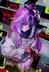 1girl absurdres ahoge breasts closed_mouth commentary creature_on_head dradra_tw eye_print fang fishnet_pantyhose fishnets gloves highres indie_virtual_youtuber jacket jared_(michi_mochievee) long_hair michi_mochievee michi_mochievee_(1st_costume) multicolored_hair pantyhose patchwork_skin purple_hair shirt skin_fang stitched_face stitches streaked_hair torn_clothes torn_shirt virtual_youtuber white_hair 