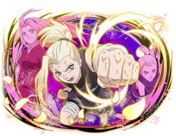  2girls bike_shorts black_shorts blue_eyes clenched_hands dress forehead_protector green_eyes haruno_sakura incoming_attack incoming_punch konohagakure_symbol long_hair looking_at_viewer multiple_girls multiple_views naruto_(classic) naruto_(series) naruto_shippuuden:_ultimate_ninja_blazing official_art open_mouth pink_dress pink_hair punching short_sleeves shorts teeth yamanaka_ino 