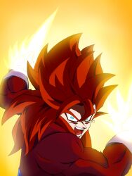  1boy absurdres blue_eyes dragon_ball dragon_ball_gt earrings highres jewelry looking_at_viewer muscular nickroseflow non-web_source potara_earrings red_fur saiyan spiky_hair super_saiyan super_saiyan_4 vegetto 