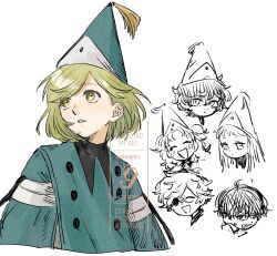  2boys 4girls agott_arklaum_(tongari_boushi_no_atelier) blonde_hair blush cloak coco_(tongari_boushi_no_atelier) commentary_request glasses hat highres long_hair multiple_boys multiple_girls nine_dnjnms open_mouth qifrey's_atelier_apprentice_uniform qifrey_(tongari_boushi_no_atelier) richeh_(tongari_boushi_no_atelier) short_hair smile tetia_(tongari_boushi_no_atelier) tongari_boushi_no_atelier white_background white_tassel wizard_hat yellow_eyes 