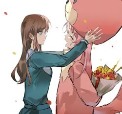  2girls bang_dream! bang_dream!_it's_mygo!!!!! blue_eyes blue_shirt blush bouquet brown_hair chihaya_anon closed_eyes fang holding holding_bouquet long_hair long_sleeves multiple_girls nagasaki_soyo onesie open_mouth pink_hair school_uniform shiba257 shirt simple_background tsukinomori_school_uniform white_background 