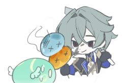  1boy ahoge anemo_slime_(genshin_impact) belt black_belt black_gloves blue_shirt chibi coat collared_shirt dirty dirty_face genshin_impact gloves green_hair hair_between_eyes holding holding_weapon hydro_slime_(genshin_impact) lohen_(genshin_impact) long_sleeves male_focus multicolored_eyes naengbi1008 pyro_slime_(genshin_impact) shirt short_hair slime_(genshin_impact) smile solo upper_body weapon white_background x_x 