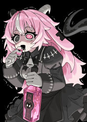  14mango 1girl animal_ears bell_bow black_bow black_bowtie black_eyes black_mouth black_saliva black_tail bow bowtie chinese_commentary colored_saliva commentary_request cross cup drinking_glass femme_soule fingernail_gloves goat_ears goat_horns heterochromia highres horns inverted_cross long_hair open_mouth pink_eyes pink_hair pukey_goddess_shot_trick shot_glass solo 