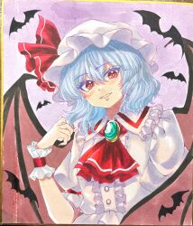  1girl absurdres ascot bat_(animal) bat_wings blue_hair blush brooch center_frills collared_shirt commentary_request frilled_shirt_collar frilled_wrist_cuffs frills grin hair_between_eyes hat hat_ribbon highres jewelry medium_hair mitsu~ mob_cap red_ascot red_eyes red_wrist_cuffs remilia_scarlet ribbon shikishi shirt skirt skirt_set smile solo touhou traditional_media upper_body white_hat white_shirt wings wrist_cuffs 