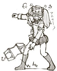  1girl anger_vein angry bikini commentary_request full_body greyscale japanese_clothes kantai_collection kariginu magatama monochrome pleated_skirt ryuujou_(kancolle) skirt socks solo swimsuit swimsuit_hanger task_(s_task80) thong_bikini throwing translation_request twintails visor_cap 