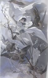  1other absurdres armor bird black_hair blue_eyes chinese_commentary closed_mouth commentary_request commission dagger faulds flower full_body gauntlets genzaw hagoromo highres holding holding_dagger holding_knife holding_weapon knife looking_down looking_to_the_side on_tree original outdoors pauldrons robe shawl shoulder_armor solo thorns torn_wings tree vambraces weapon white_flower white_robe white_shawl wings 