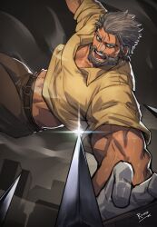  1boy absurdres beard belt collared_shirt facial_hair falling glint green_eyes grey_background grey_hair highres jojo_no_kimyou_na_bouken joseph_joestar joseph_joestar_(old) looking_at_viewer male_focus meme midriff muscular muscular_male open_mouth outstretched_arms pants pectoral_cleavage pectorals rovrov scene_reference shirt short_hair short_sleeves sideways solo spikes spread_arms stardust_crusaders v-shaped_eyebrows veins veiny_arms yellow_shirt 